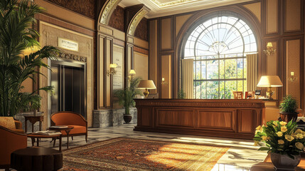 Night hotel reception vector office room interior background illustration. Welcome desk, open elevator, luxury furniture and window in tourism business hallway. Indoor hospitality lounge design