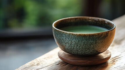 柔らかな光に包まれた木製台座に置かれた陶器の抹茶碗