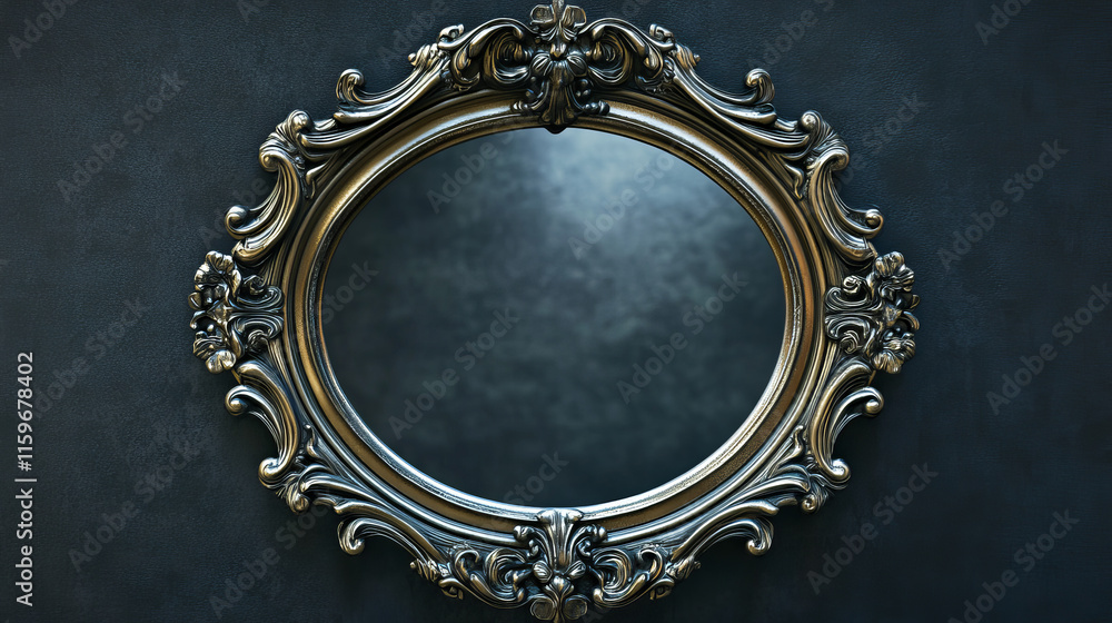 Poster vintage magic mirror with frame cartoon game illustration. vector ui princess or witch object for fa