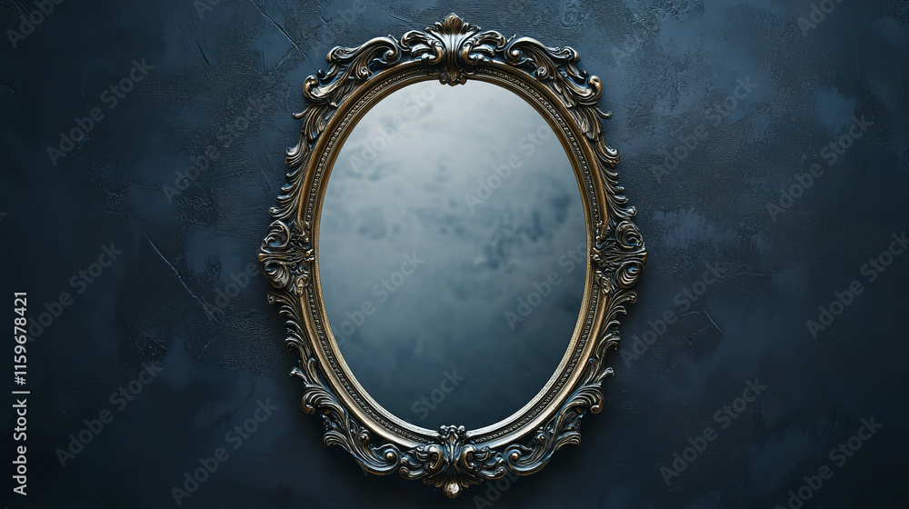 Poster vintage magic mirror with frame cartoon game illustration. vector ui princess or witch object for fa