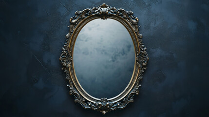 Vintage magic mirror with frame cartoon game illustration. Vector ui princess or witch object for fantasy or fairytale medieval interface. Antique decorative oval asset isolated on dark background.