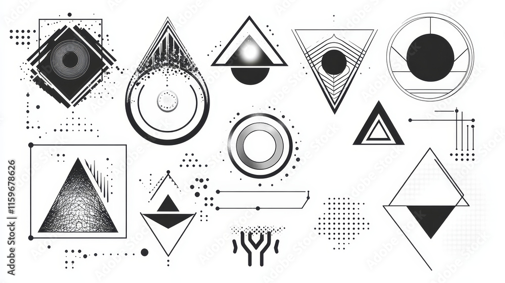 Poster different figures on white background with frame of dotted lines, geometric shapes. vector set of el