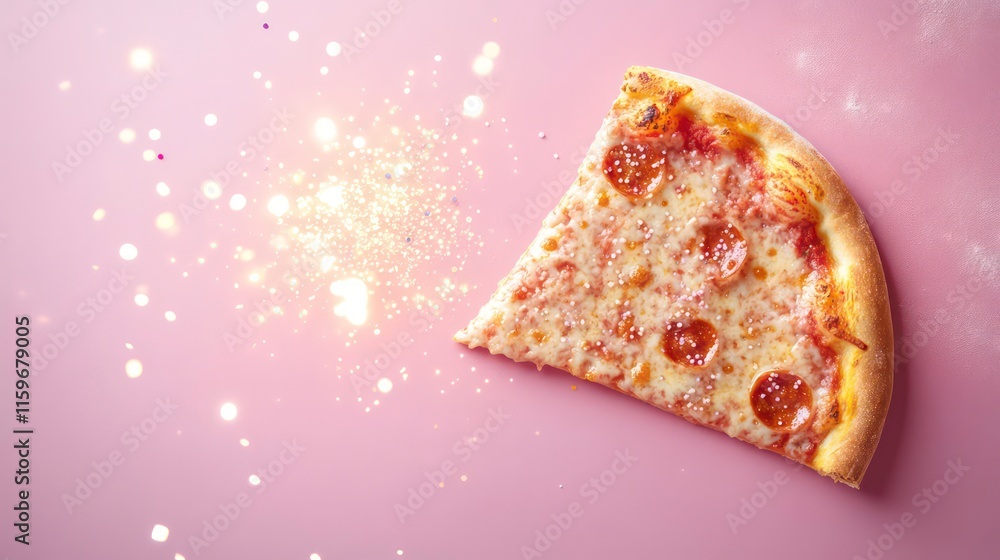 Poster a single slice of pepperoni pizza on a pink background with sparkling lights.