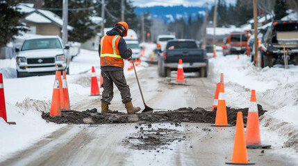 Construction worker repairing snowy road with traffic cones