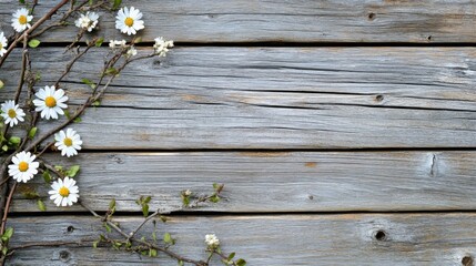 Obraz premium Daisies and Branches on Weathered Wooden Boards