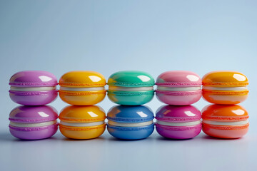 A row of colorful macarons sitting on top of each other