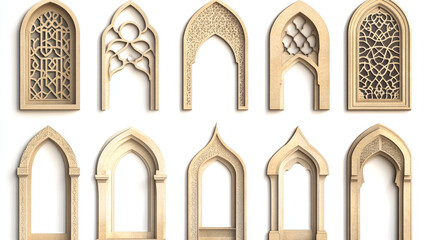 Traditional islamic window shapes in oriental style. Set of black silhouette eid mubarak decorative arches, mosque borders or moroccan gates. Arabic muslim architecture design elements, ramadan frames