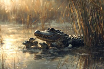 Obraz premium Alligator mother with hatchlings in natural marsh habitat