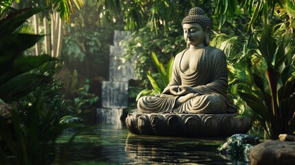 Buddha statue on a lake surrounded by nature
