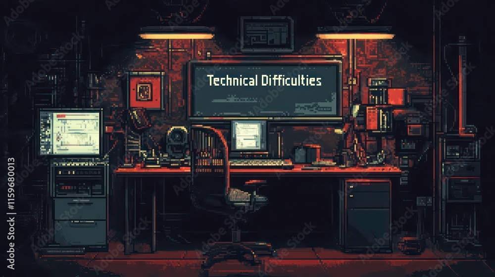Leinwandbilder pixel art depicting a dimly lit workspace with computers, indicating technical problems.