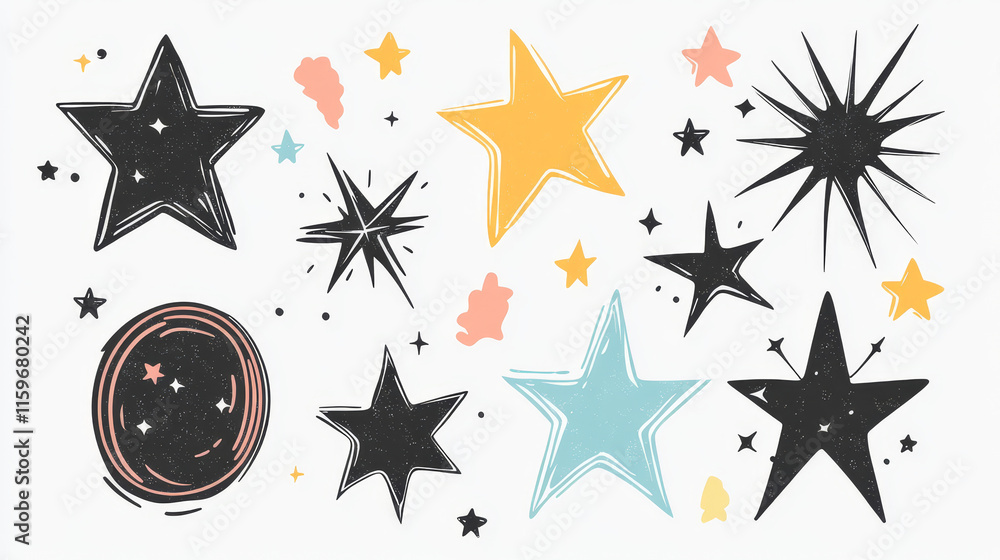 Poster retro stars, starburst icons and minimalist frames and borders with twinkle star. different aestheti