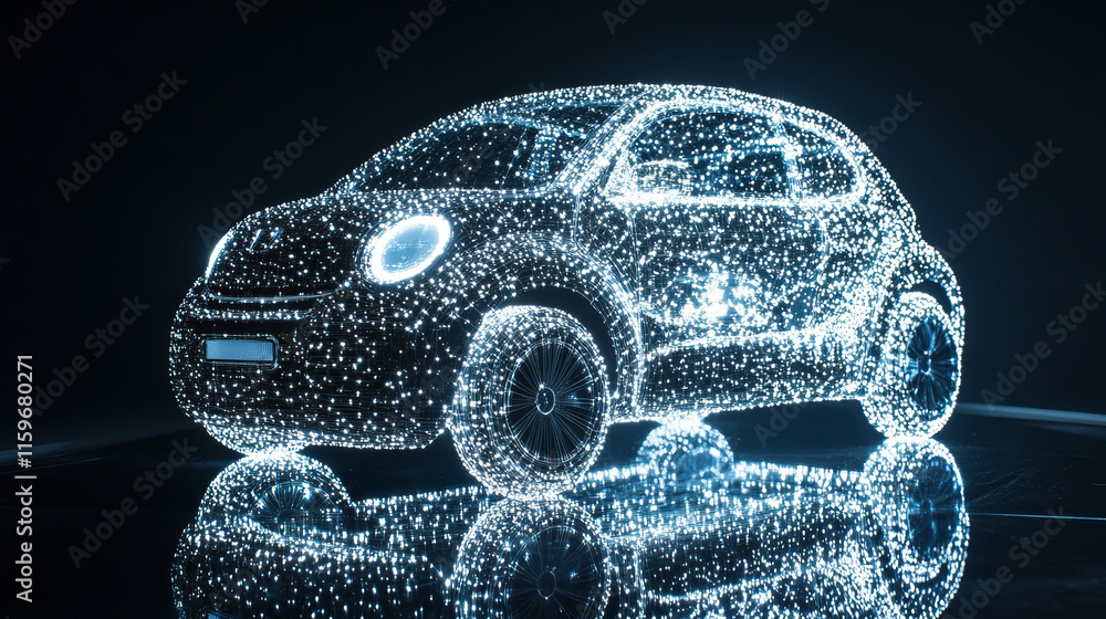 Poster car from the particles. the hatchback rear view consists of dots and circles