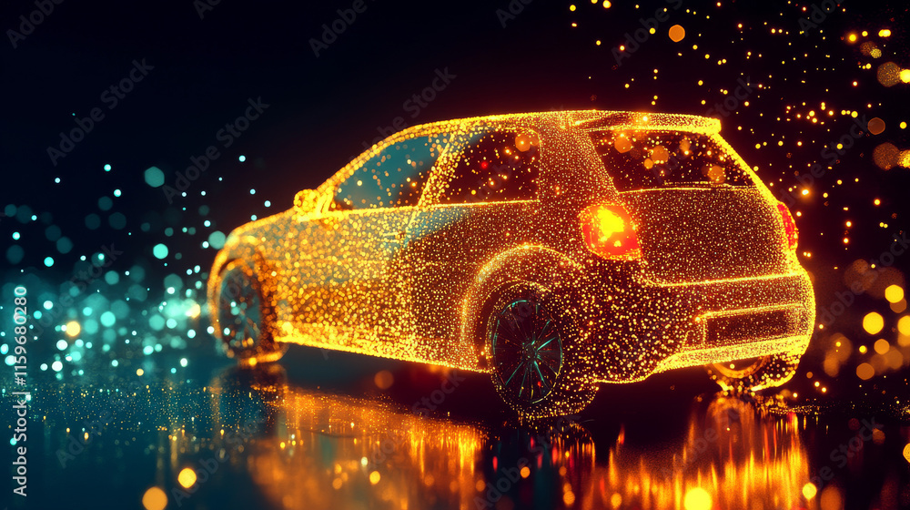 Poster car from the particles. the hatchback rear view consists of dots and circles