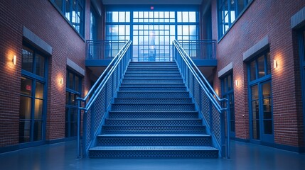 Fototapeta premium Blue Metal Staircase in a Brick Building Interior