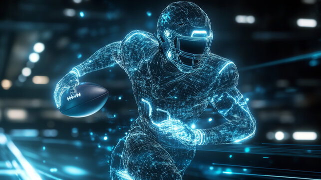 American football hologram. Digital and technological background of football player. Futuristic American football design