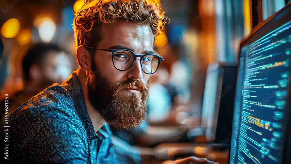 Aufkleber a focused software developer works on code at dual monitors in a warmly lit, modern workspace