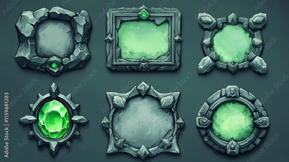 Poster stone ui game button set, rock vector frame, gray boulder sign board, green crystal, icon collection