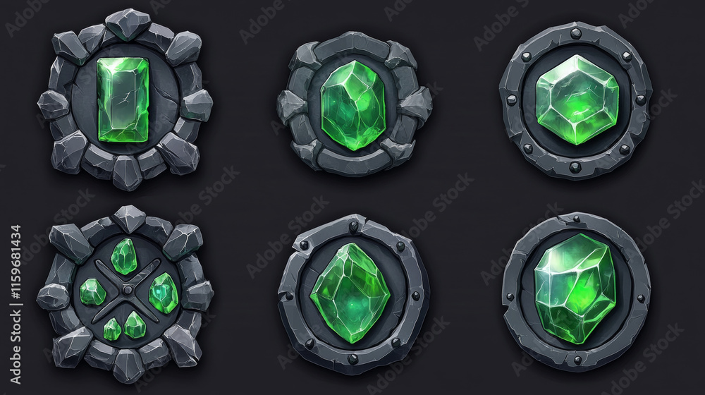 Poster stone ui game button set, rock vector frame, gray boulder sign board, green crystal, icon collection