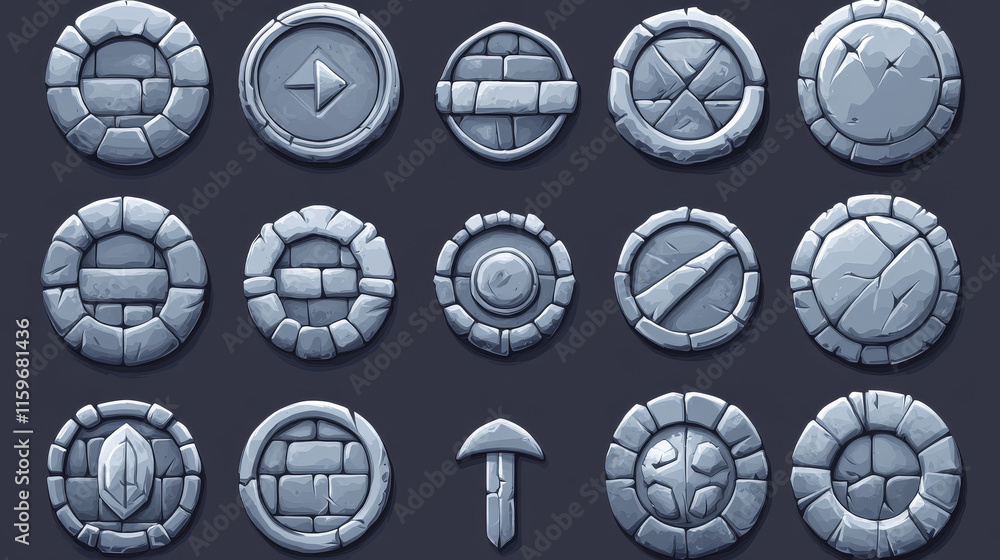 Poster stone rock ui game interface button cartoon vector. circle, arrow, loading bar, plate and progress s