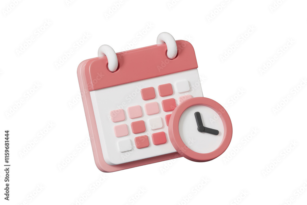 Poster 3D render of a pink calendar and clock icon, symbolizing scheduling and time management. background removed