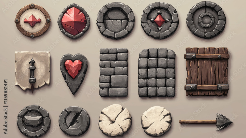 Poster stone rock ui game interface button cartoon vector. circle, arrow, loading bar, plate and progress s