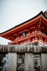 Kiyomizu-dera Temple front gate in Kyoto, Japan. Red Shinto Shrine.