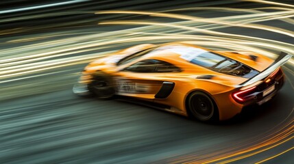 Fototapeta premium A sports car races incredibly fast, leaving trails of light