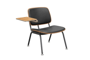 Fototapeta premium Black leather student chair with wooden armrest and a attached writing surface. background removed