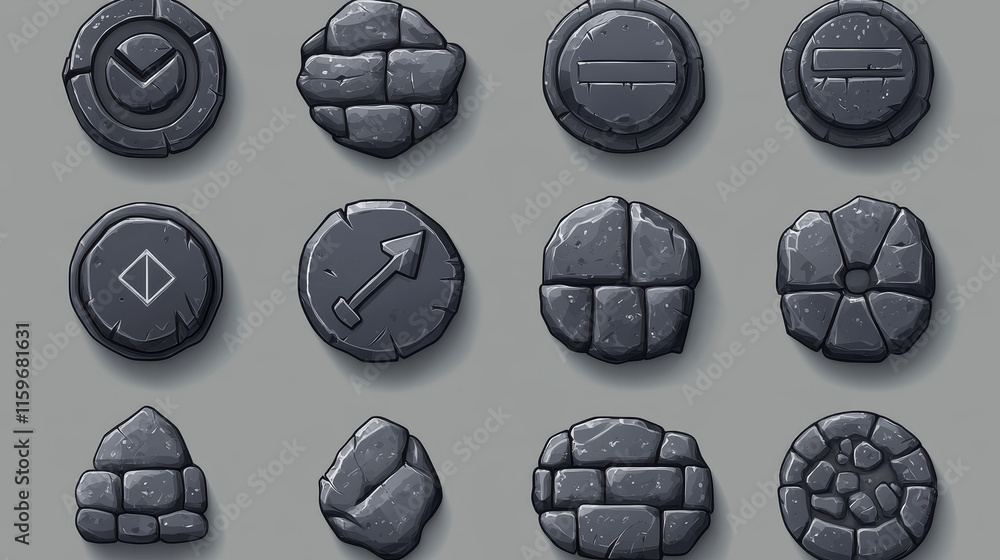 Poster stone rock ui game interface button cartoon vector. circle, arrow, loading bar, plate and progress s