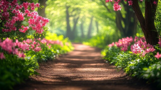 Pink azaleas line a sunlit forest path