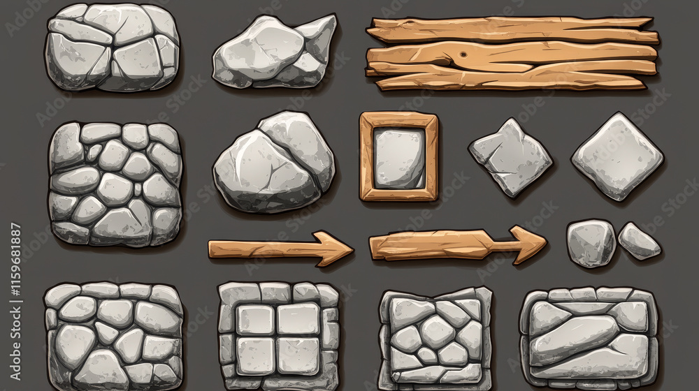 Aufkleber stone game tablets, buttons, cartoon interface plaques, frames and arrows of rocky texture. menu boa