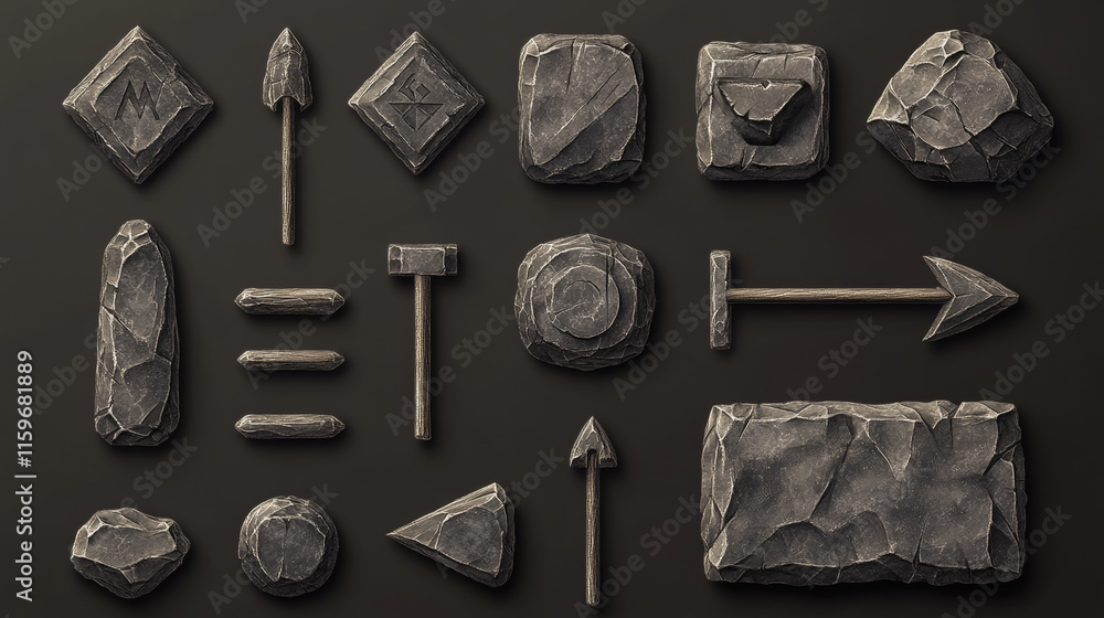Aufkleber stone game tablets, buttons, cartoon interface plaques, frames and arrows of rocky texture. menu boa