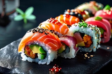 Close-up of delicious sushi featuring layers of salmon, avocado, and sesame seeds. Ideal for restaurants, food blogs, and culinary websites showcasing exquisite Japanese cuisine.
