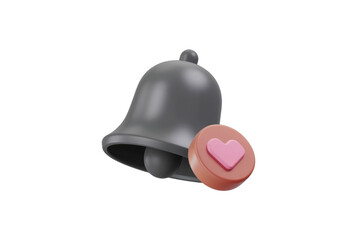 3D render of a grey bell with a pink heart notification. background removed