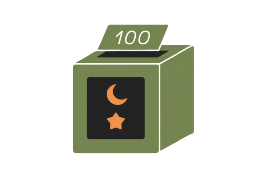 Donation box with 100 written on top, featuring a crescent moon and star. background removed