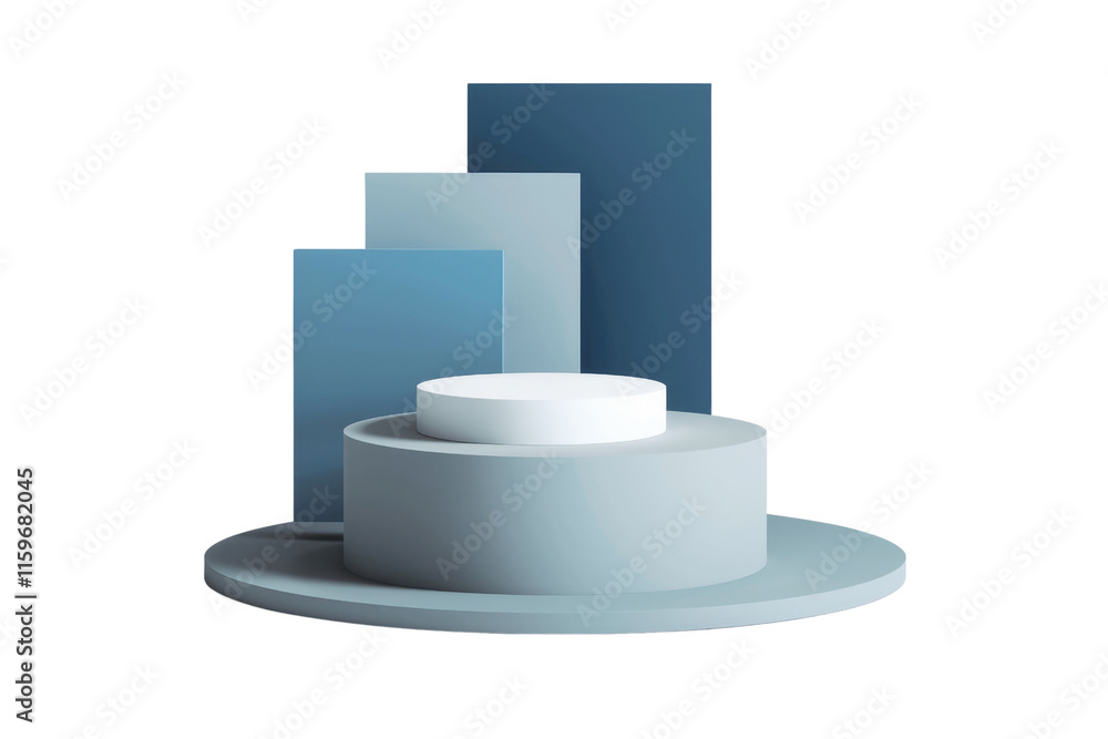 Poster minimalist 3d render of a geometric platform with shades of blue and white. background removed