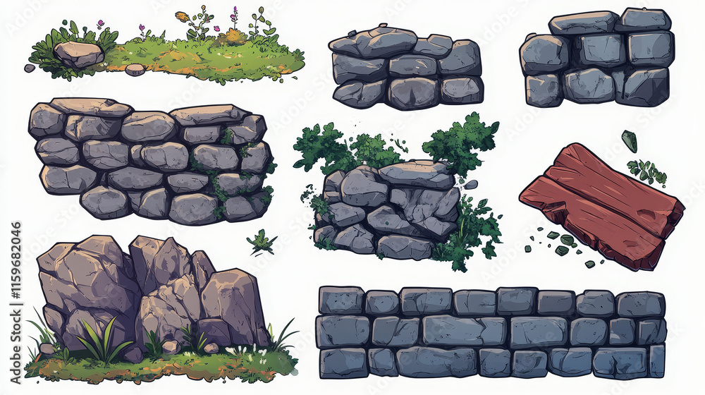 Poster stone board set. stone banner elements for game and web in cartoon style.