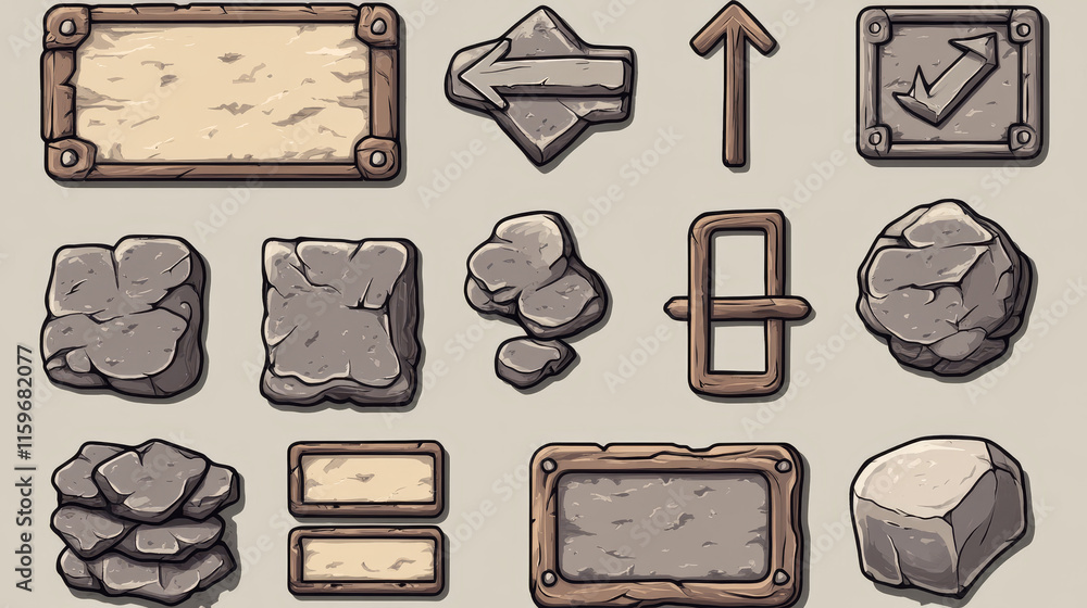 Aufkleber stone game tablets, buttons, cartoon interface plaques, frames and arrows of rocky texture. menu boa