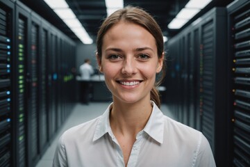 Fototapeta premium Close portrait of a smiling young Luxembourgish female IT worker looking at the camera, against dark server room blurred background.