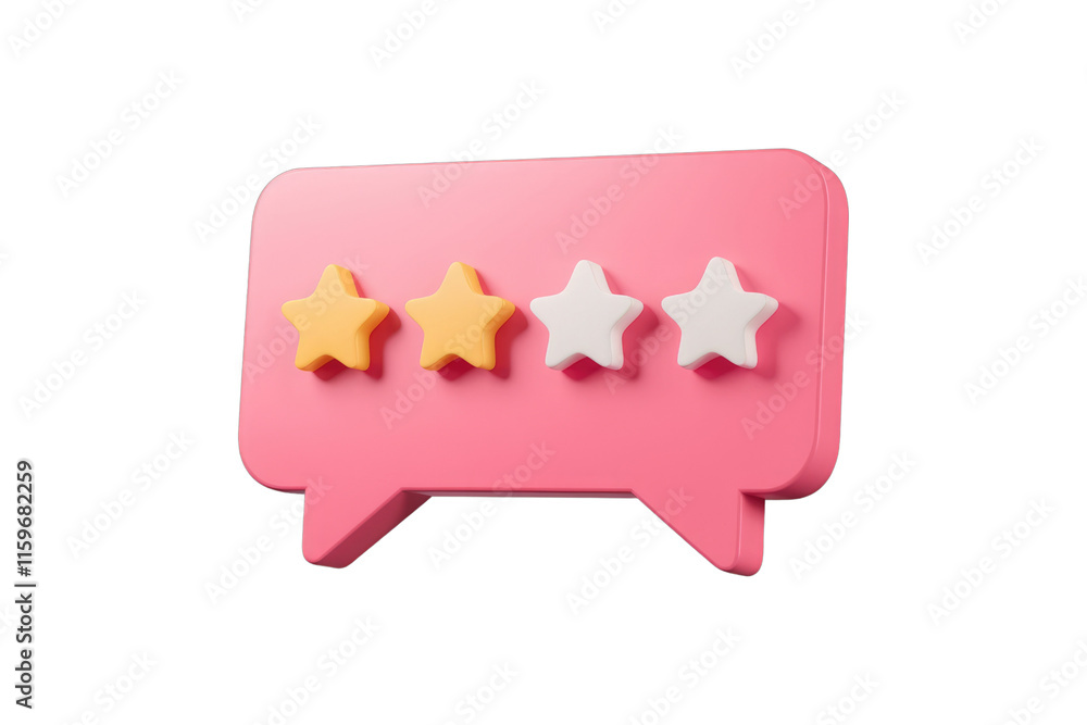 Poster pink speech bubble with two yellow and two white stars showing a 2-star rating. background removed