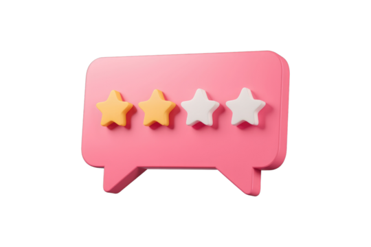 Pink speech bubble with two yellow and two white stars showing a 2-star rating. background removed