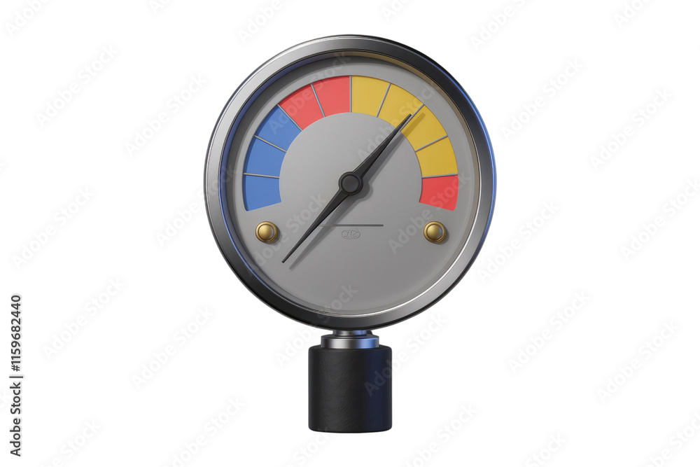 Poster A 3D rendered image of a circular gauge with a needle indicating a level using colorful segments. background removed