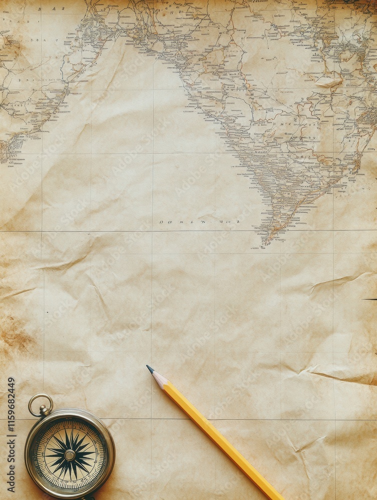 Fototapete vintage map and compass create an adventurous setting for exploration and travel planning. generativ