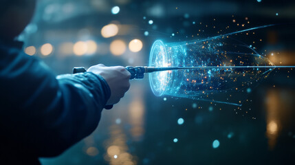 Hologram fisherman. Fisherman throws a fishing rod. Flickering energy flux of particles. Scientific fishing design.