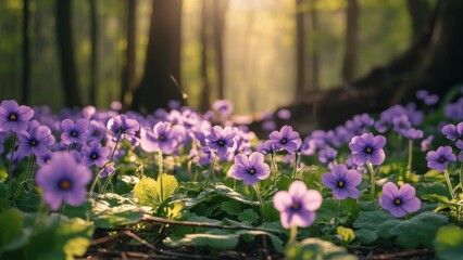 Obraz premium Purple Flowers Blooming In A Sunlit Forest