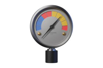 A 3D rendered image of a circular gauge with a needle indicating a level using colorful segments. background removed