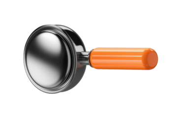 A 3D render of a sleek, metallic magnifying glass with an orange handle, perfect for search or discovery concepts. background removed