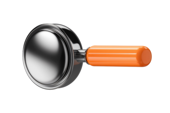 A 3D render of a sleek, metallic magnifying glass with an orange handle, perfect for search or discovery concepts. background removed - Powered by Adobe
