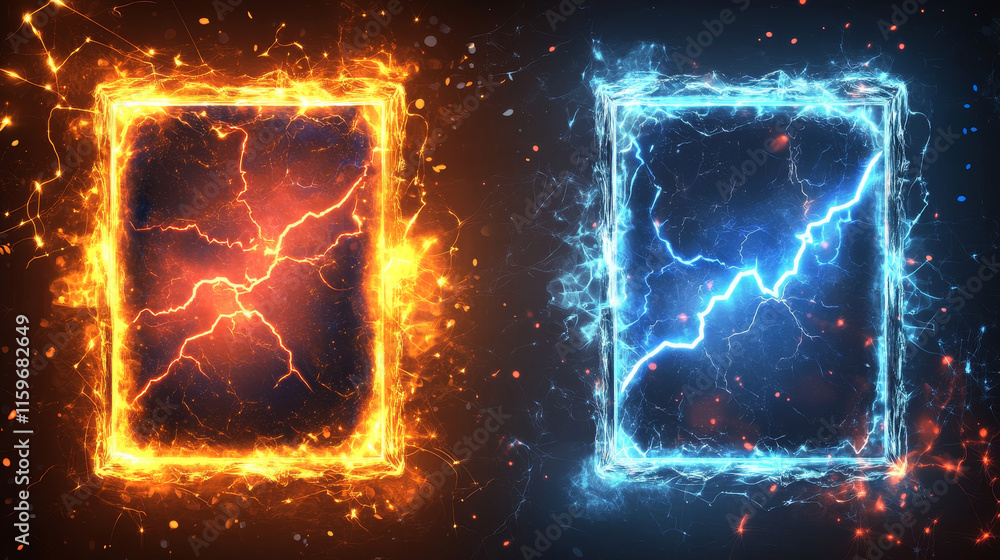 Poster magic portals set with lightning strike and shimmering effects. vector realistic illustration of rou