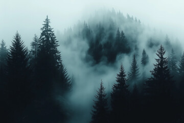 Misty mountain forest, shrouded in fog, creating a serene and mysterious atmosphere.